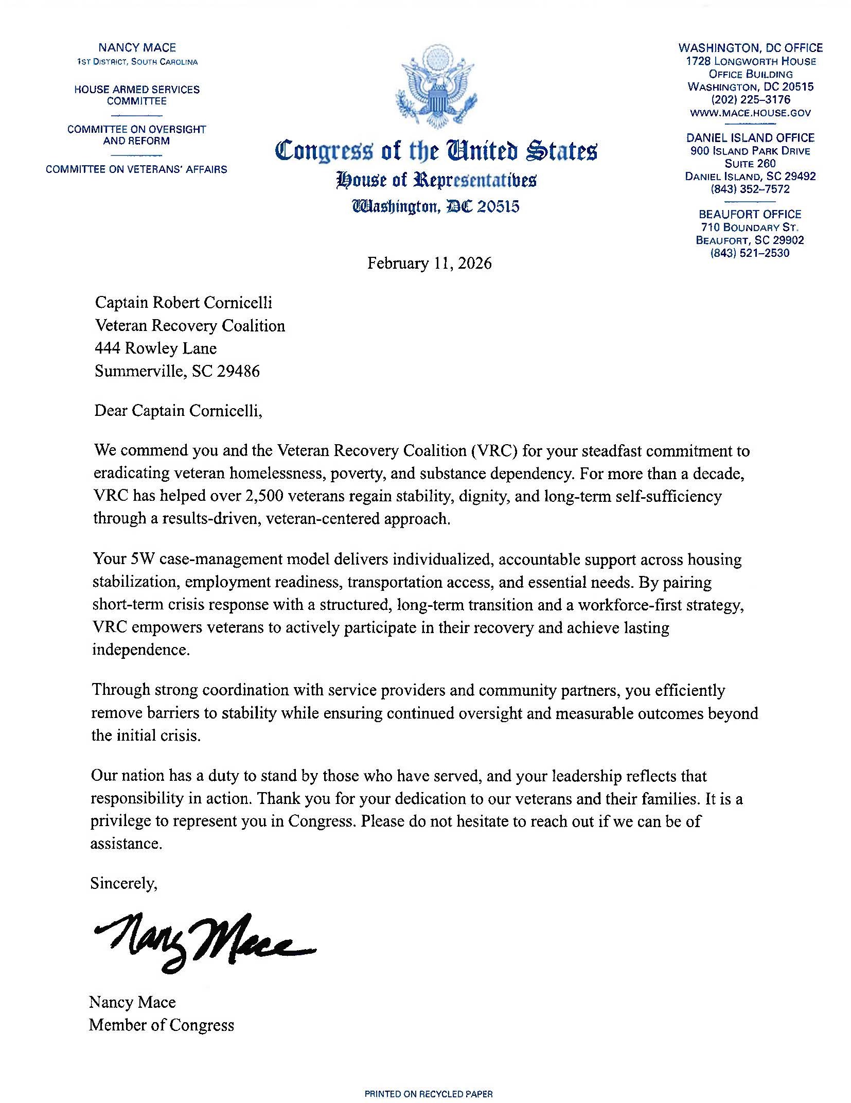 Letter of appreciation from U.S. Representative Nancy Mace