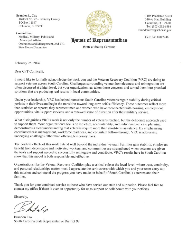 Letter of appreciation from Representative Brandon L. Cox