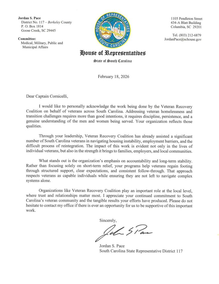 Letter of appreciation from Representative Jordan Pace