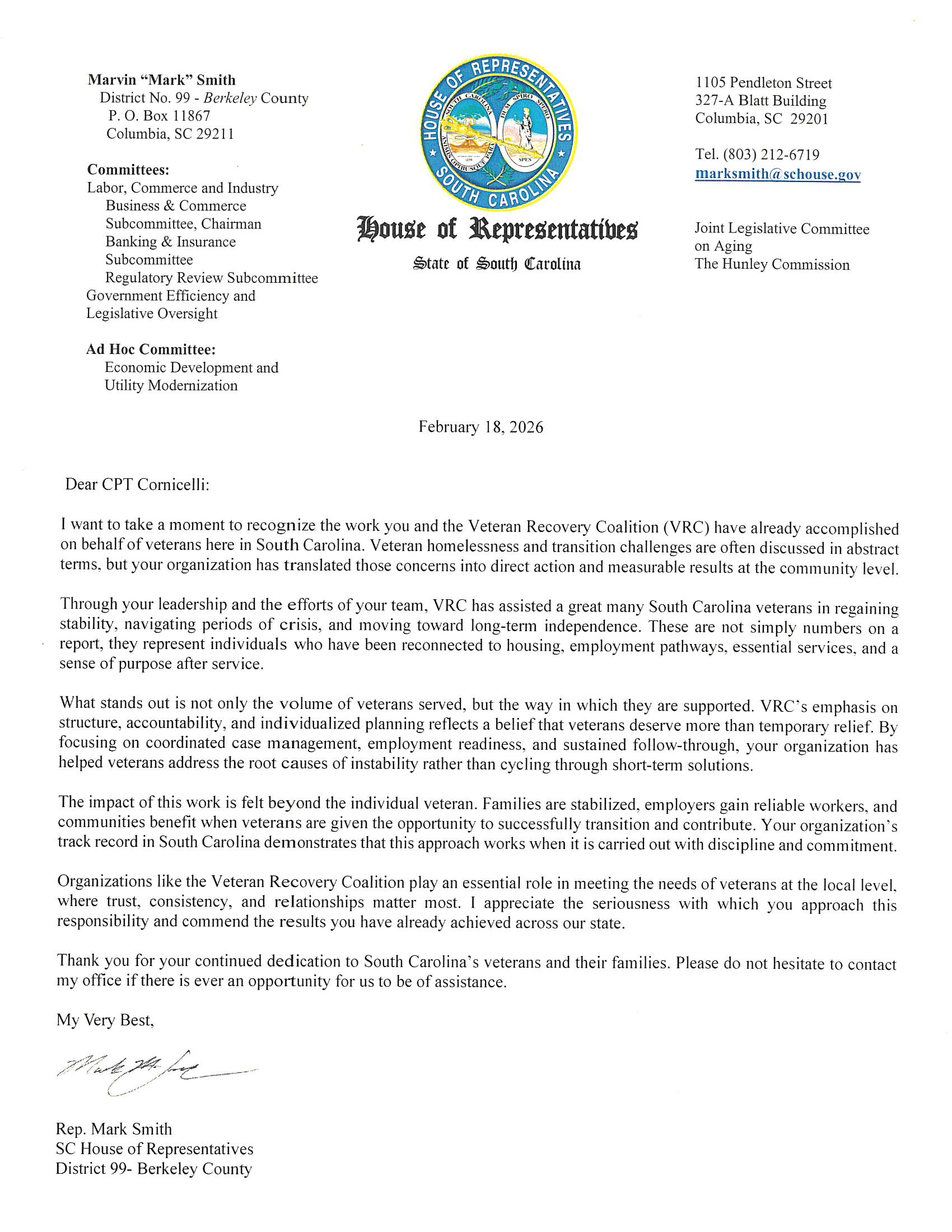 Letter of appreciation from Representative Mark Smith