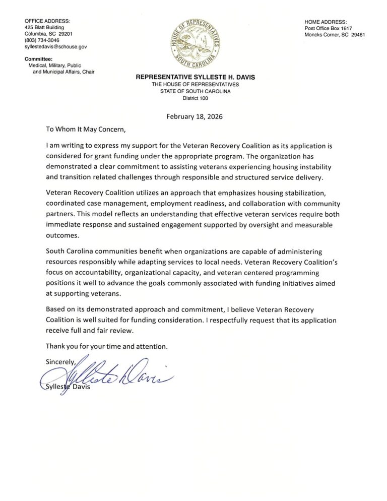 Letter of support from Representative Sylleste H. Davis